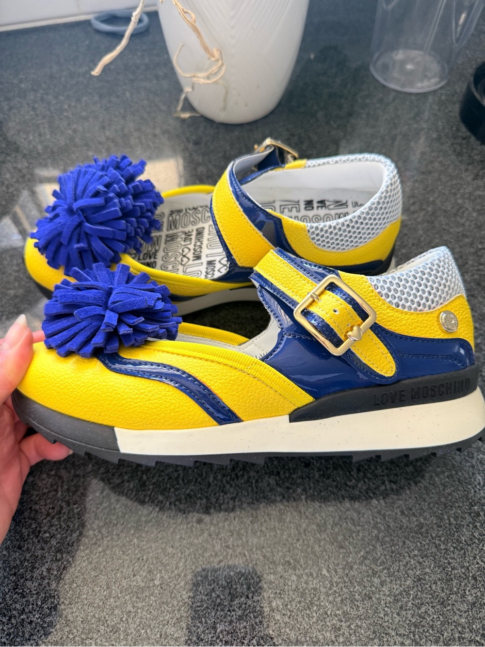Moschino Kids Yellow & Navy Pom-Pom Mary Jane Sneakers